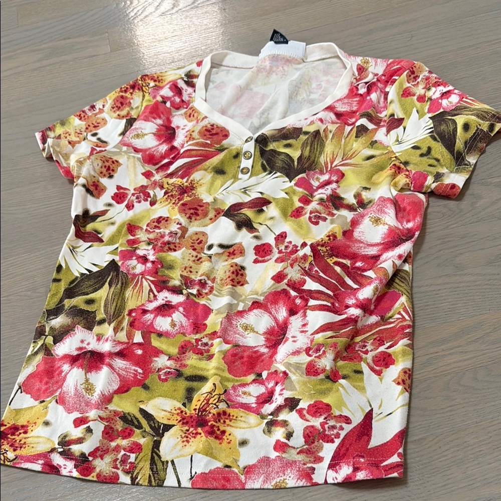 Karen Scott Pink and Green Fitted Polo T-Shirt